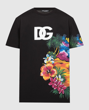 Dolce&Gabbana Черная футболка с принтом в гавайском стиле с логотипом. G8PT1TG7G9I