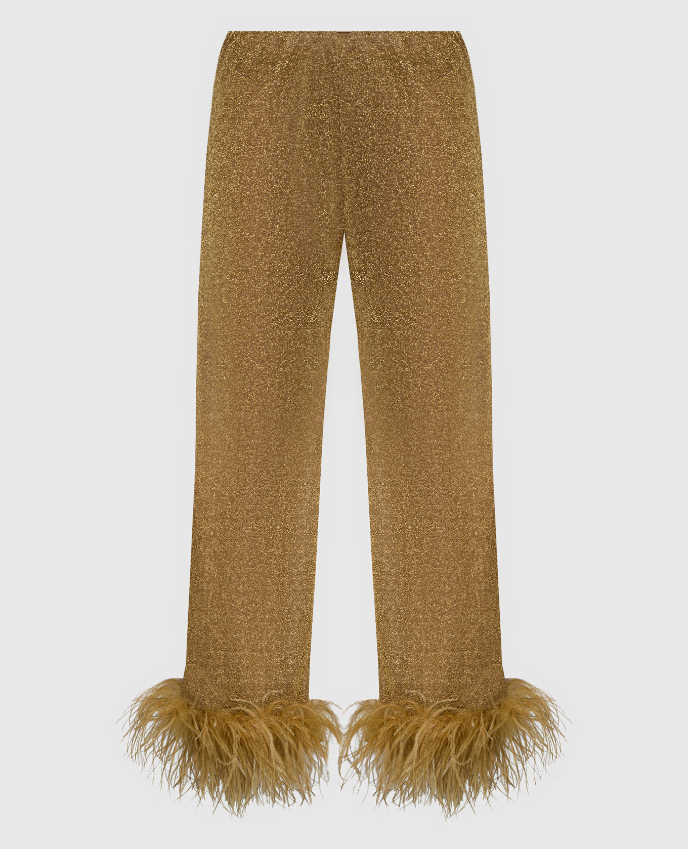 Золотые брюки Lumiеre Plumage со страусиными перьями.