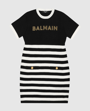 Balmain Дитяча чорна сукня в смужку з вовни BT1B61W00121214