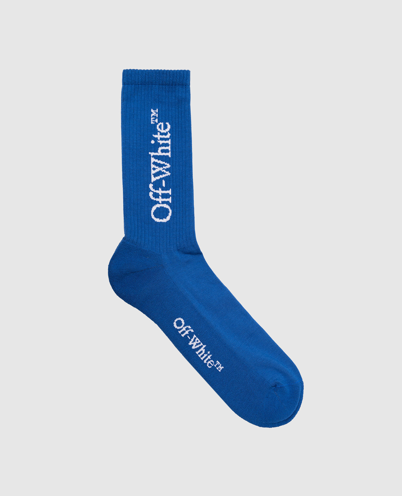 Blue socks with a logo pattern