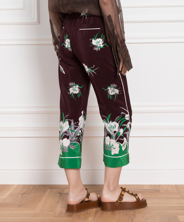 Valentino Бордові шовкові штани з квітковим принтом XB0RB4T2775 зображення 4