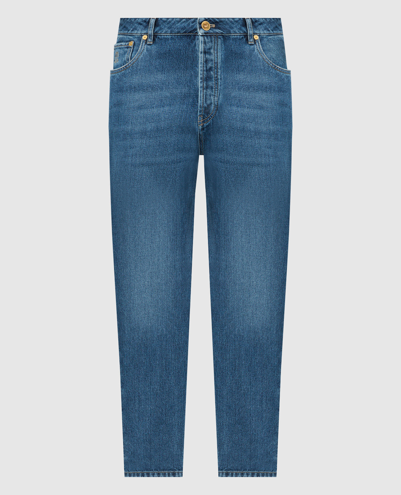 Синие джинсы-бойфренды с эффектом потертости и логотипом