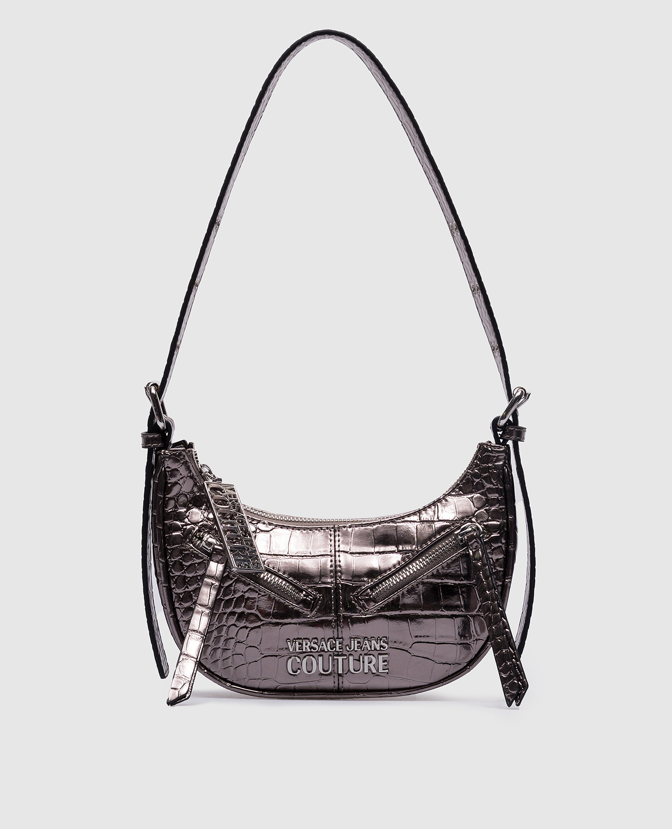 

Серебряная сумка-хобо с металлическим логотипом с тиснением под кожу крокодила, Серебристый, Сумки на плечо