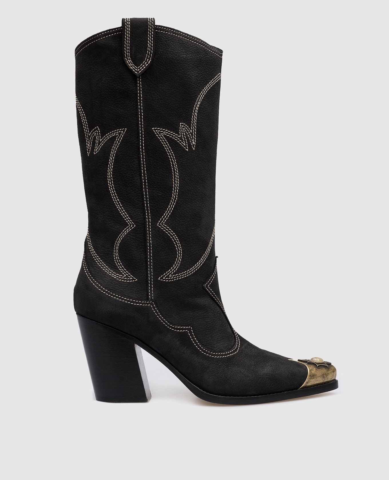Black leather boots with metal trim