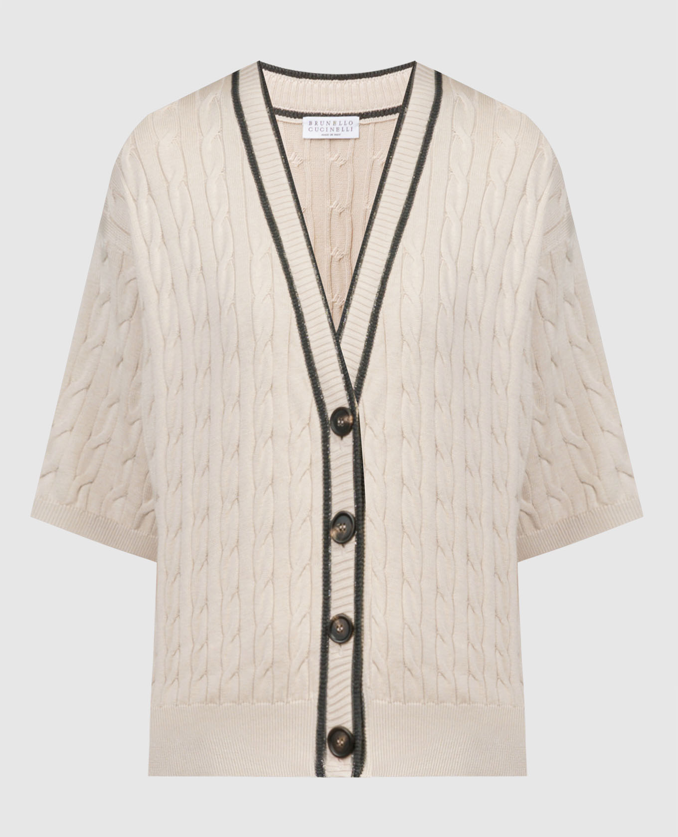Beige cardigan in textured pattern with monil chain