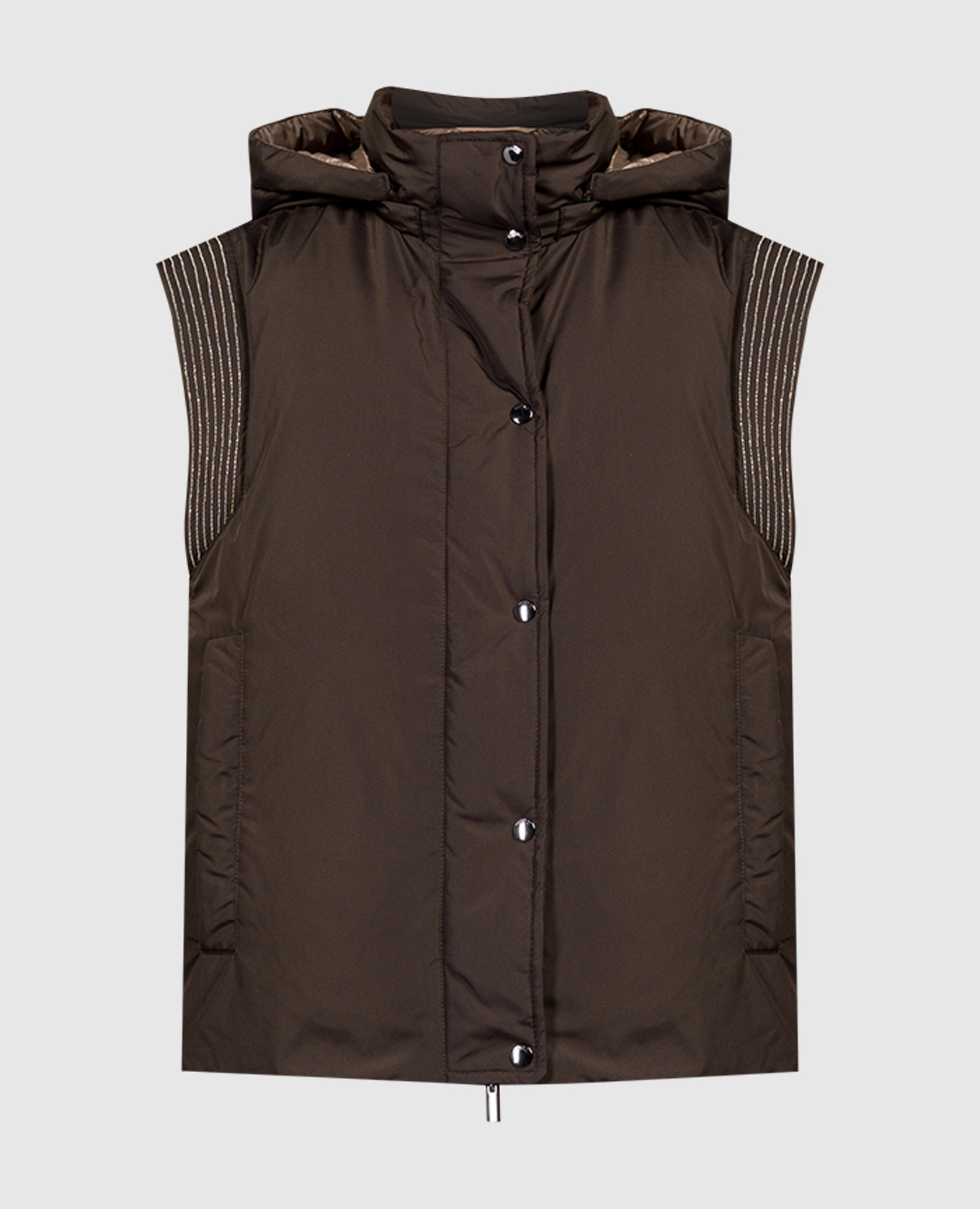 Brown down vest with monil chain