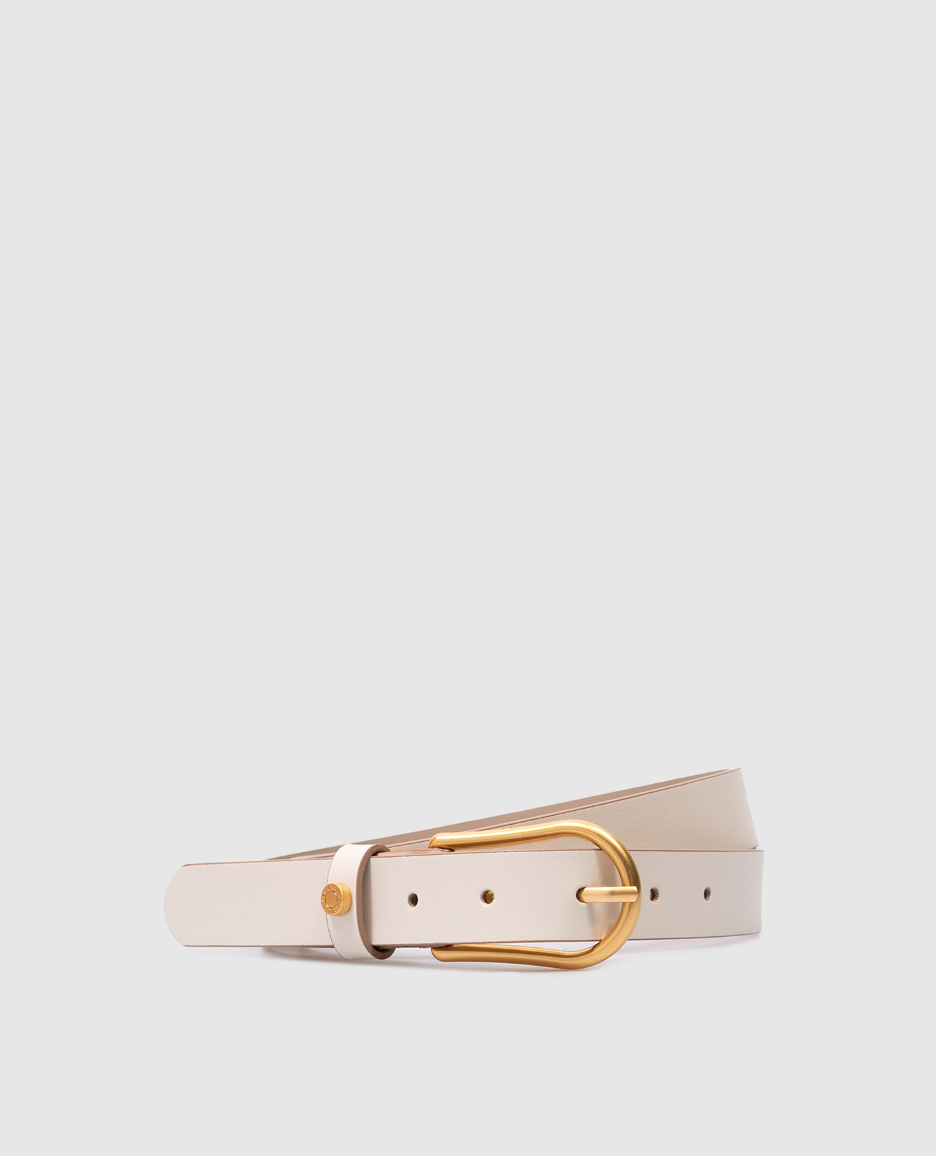 White leather belt with logo engraving
