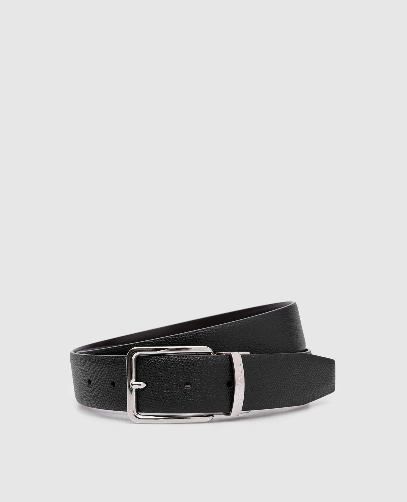 Black double-sided leather strap with logo engraving