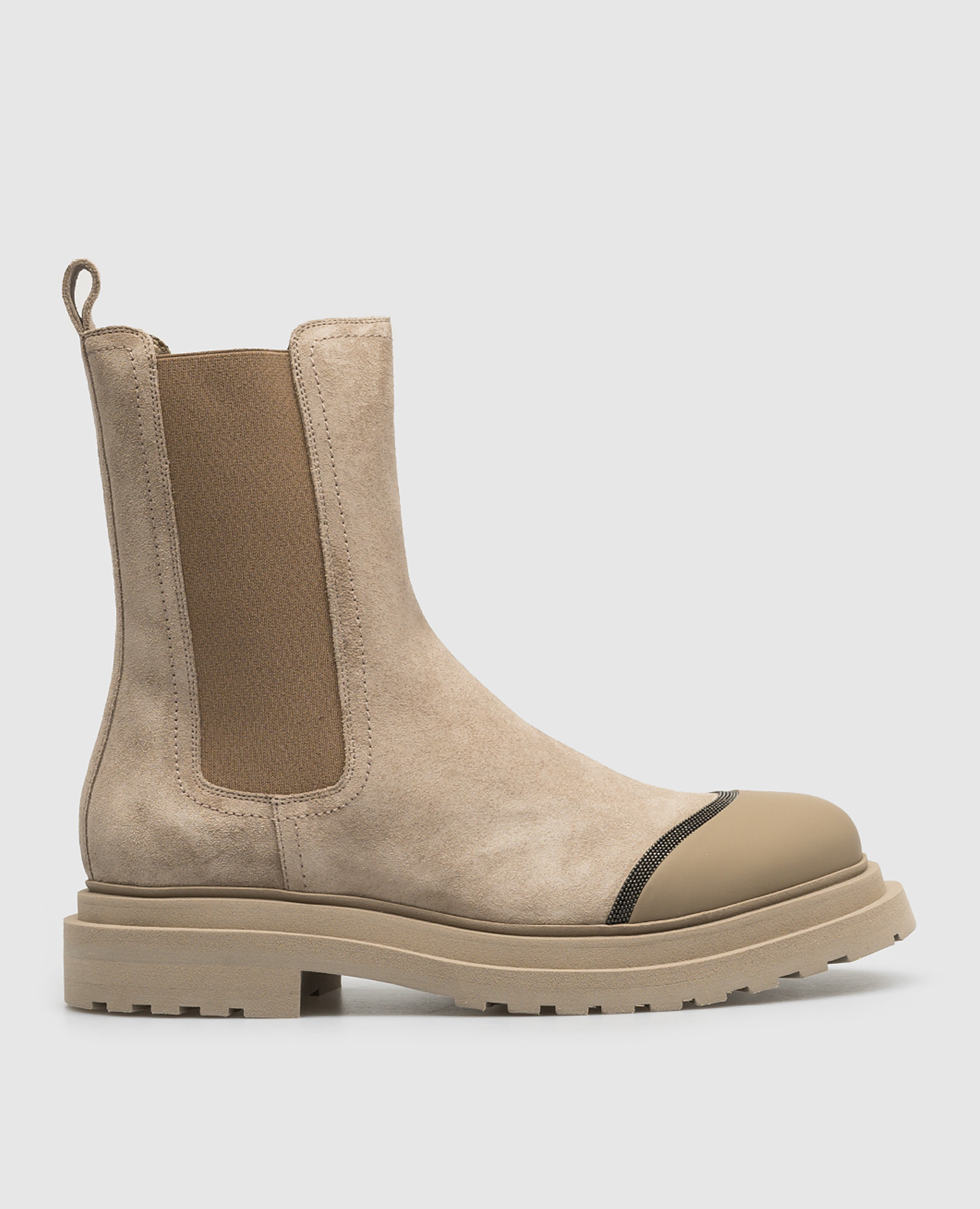 Beige suede chelsea boots with monil chain