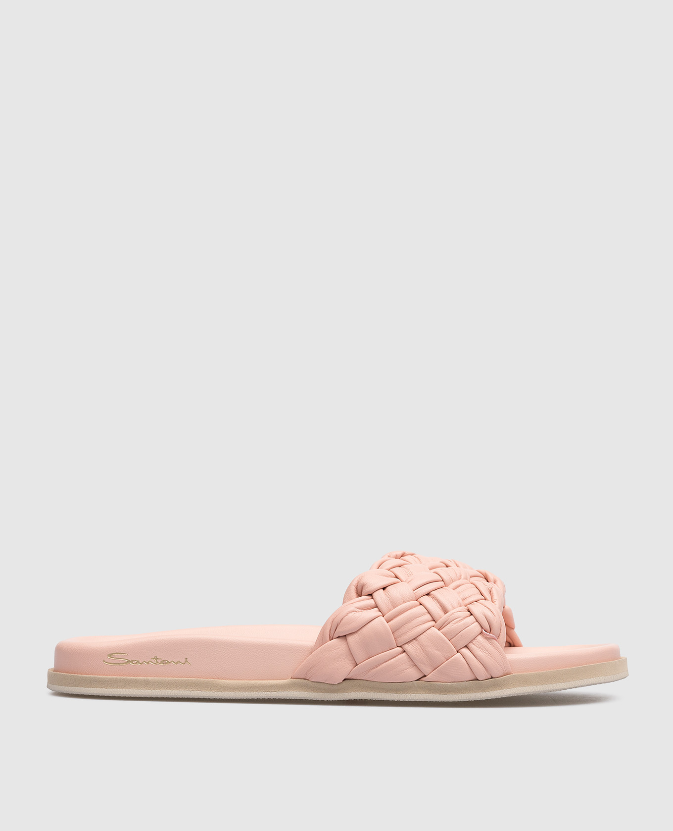 Pink leather flip-flops with weaving