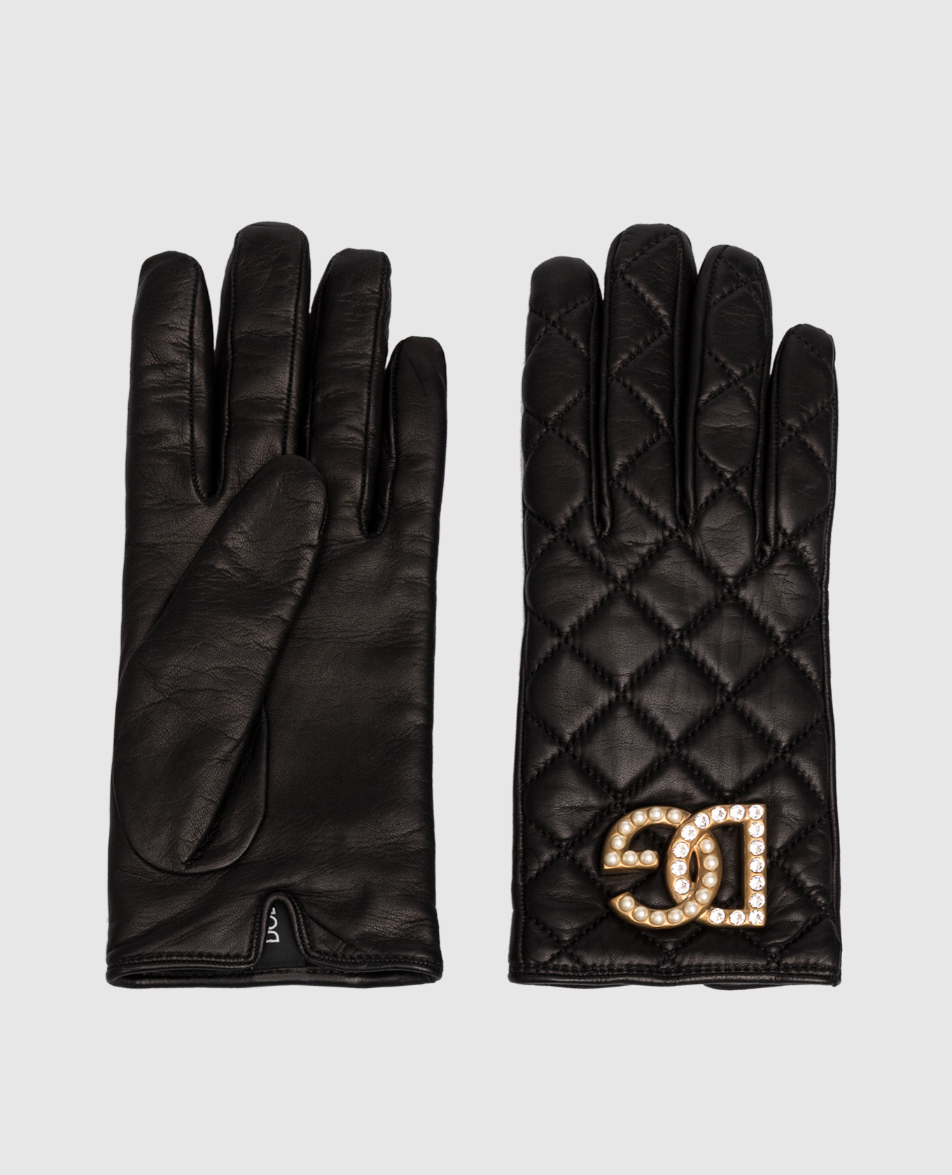 Черные кожаные стеганные перчатки с логотипом