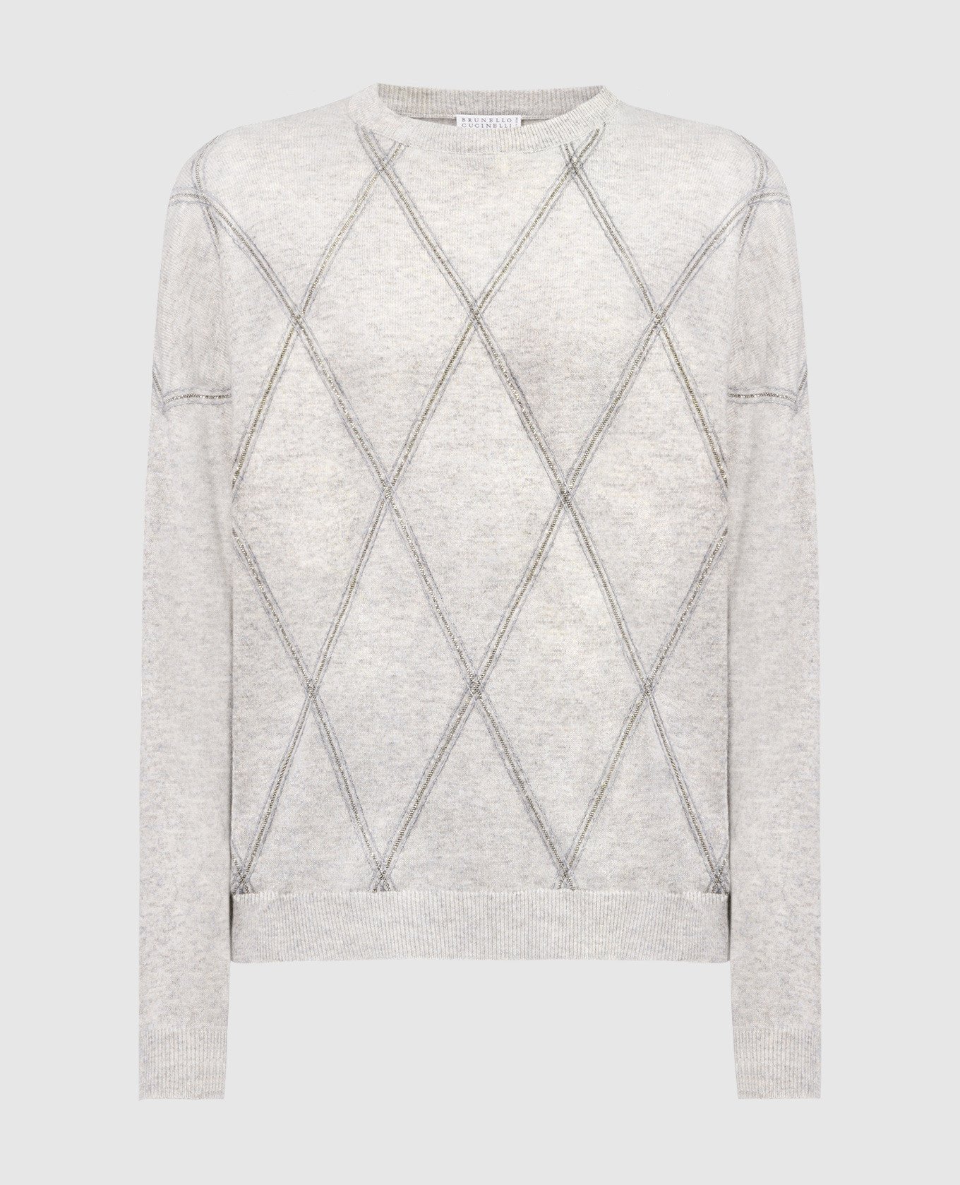 Gray wool, cashmere and silk geometric pattern jumper with monil chain