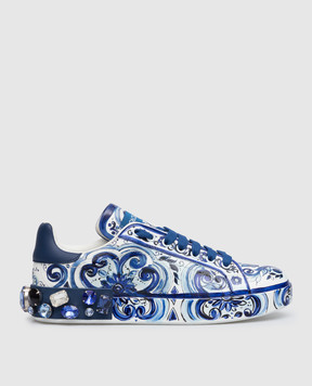 Dolce&Gabbana Синие кожаные кроссовки Portofino в принт майолики с кристаллами CK1544AD466