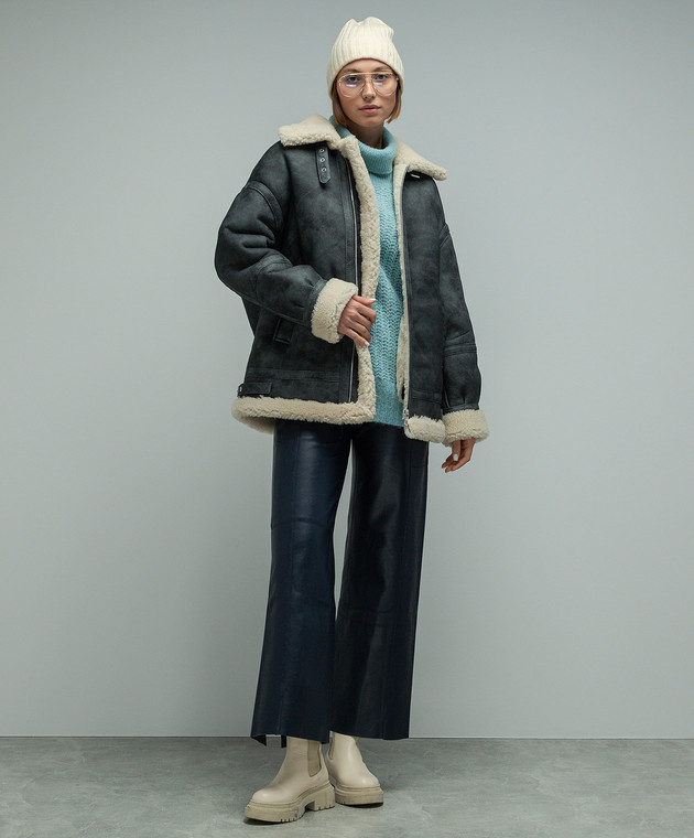 Babe Pay Pls Gray leather sheepskin coat with accent stitching 2313CURLYANTIK image 2