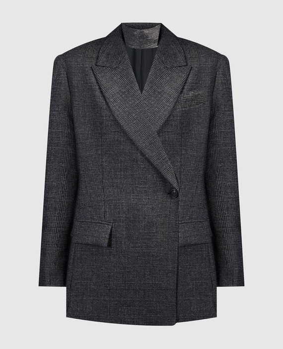 Gray double-breasted check wool jacket with monil chain