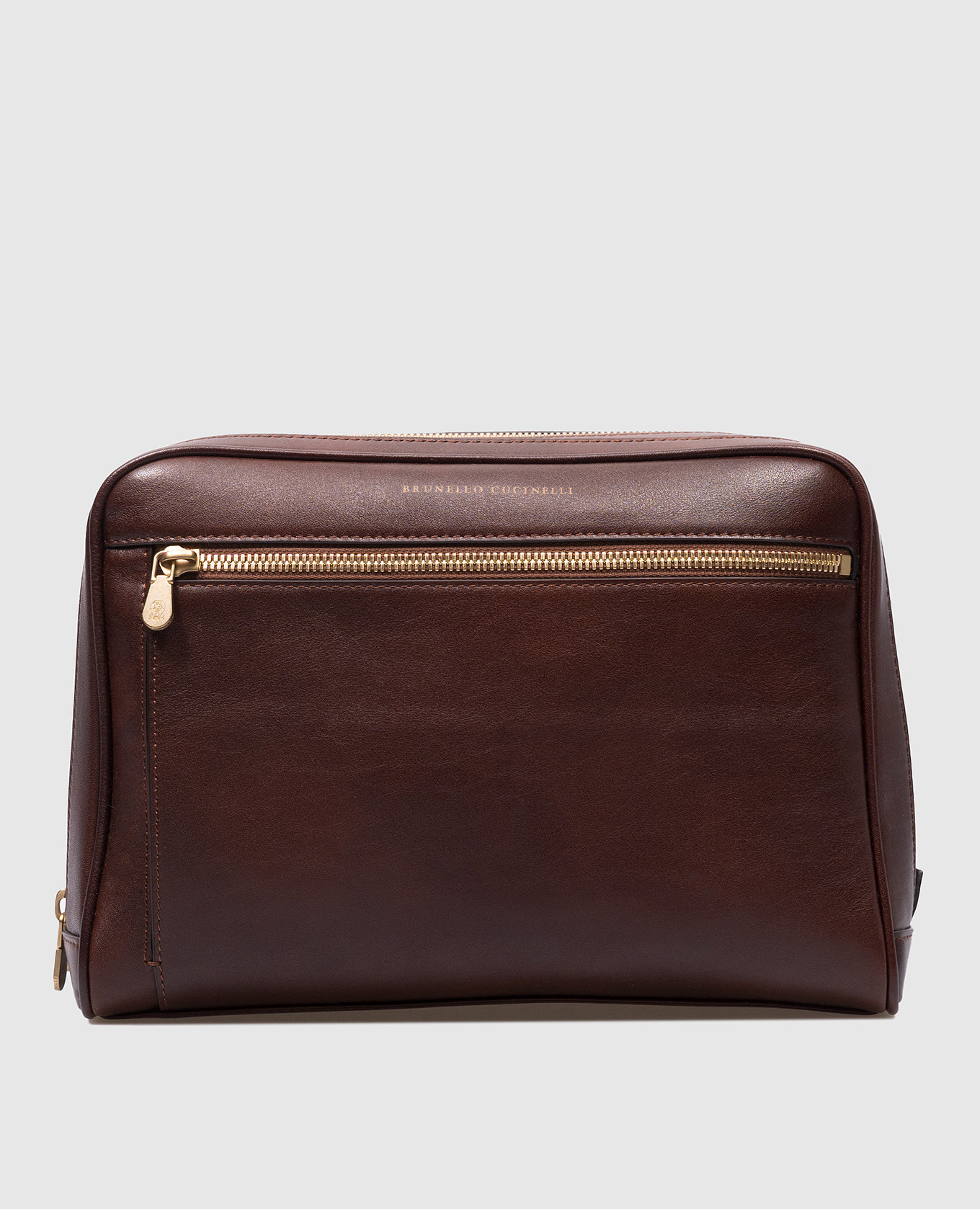 Brown leather toiletry bag with logo