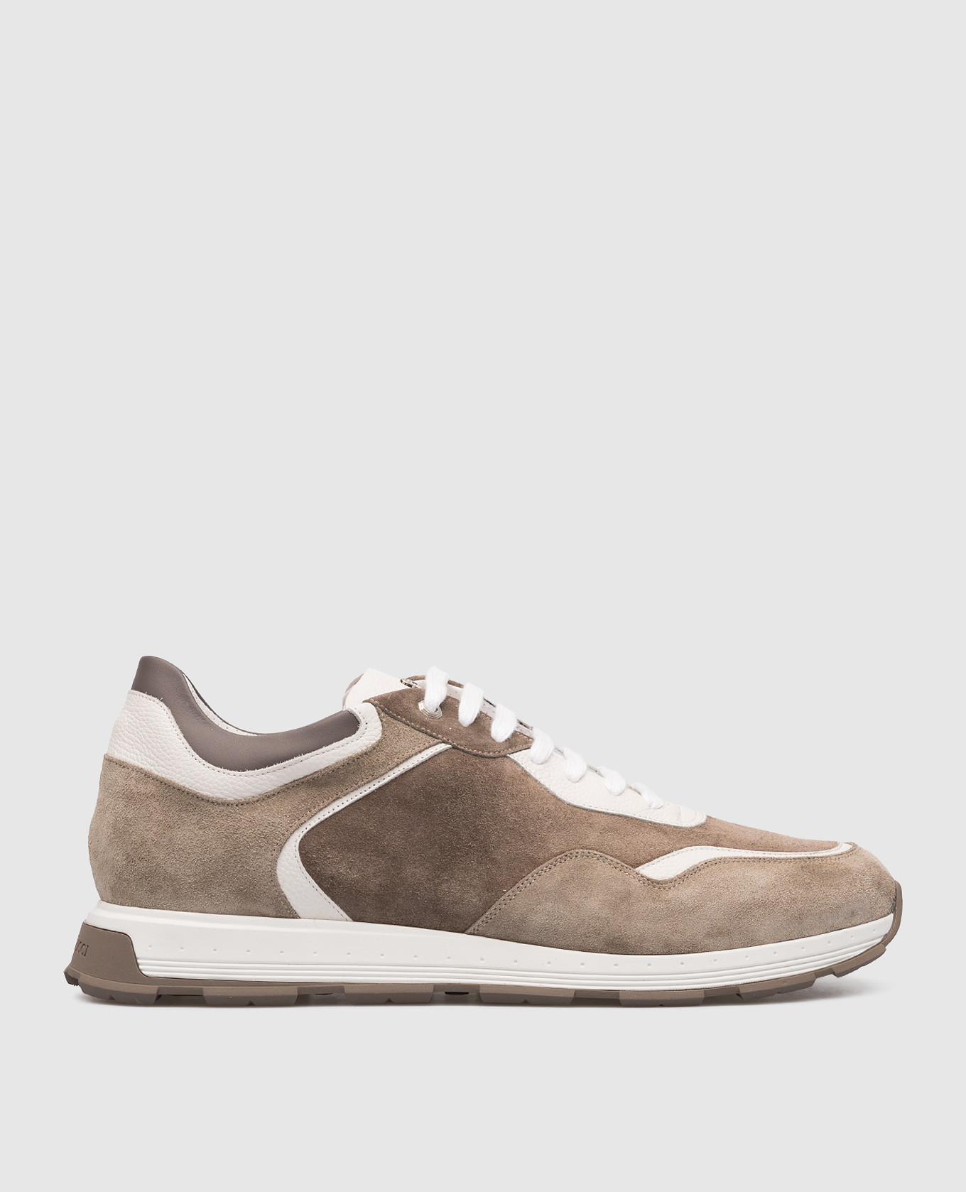 Brown suede sneakers with metallic logo