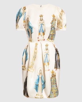 Dolce&Gabbana Бежевое платье из шелка в принте Madonne F6D9LTGDN33
