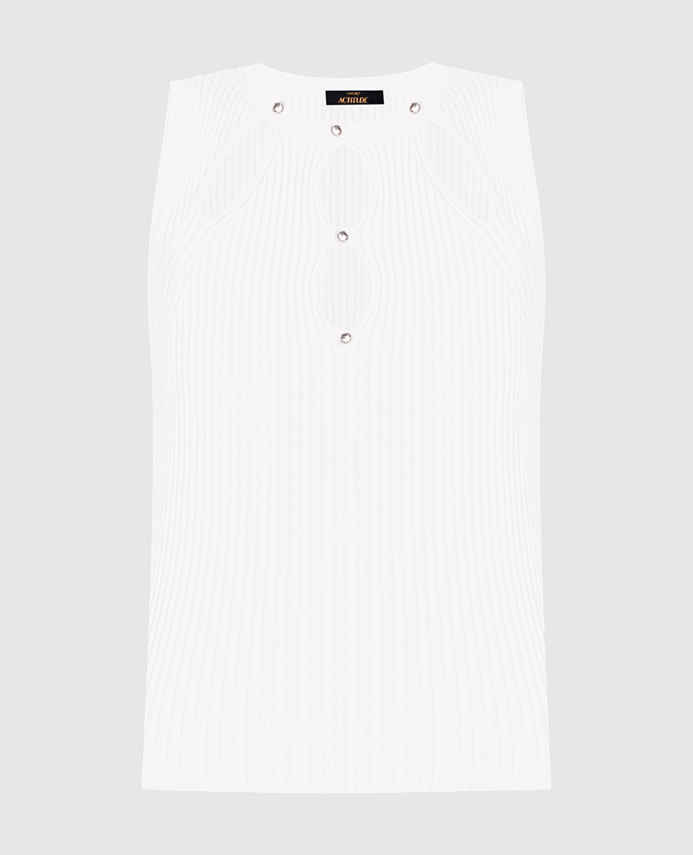 White ribbed top with crystals and shaped cutouts