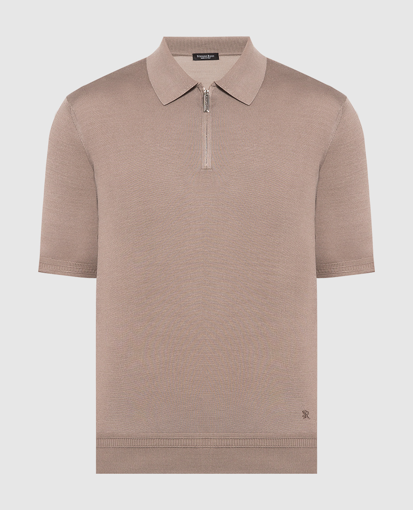 Brown silk polo with monogram logo embroidery