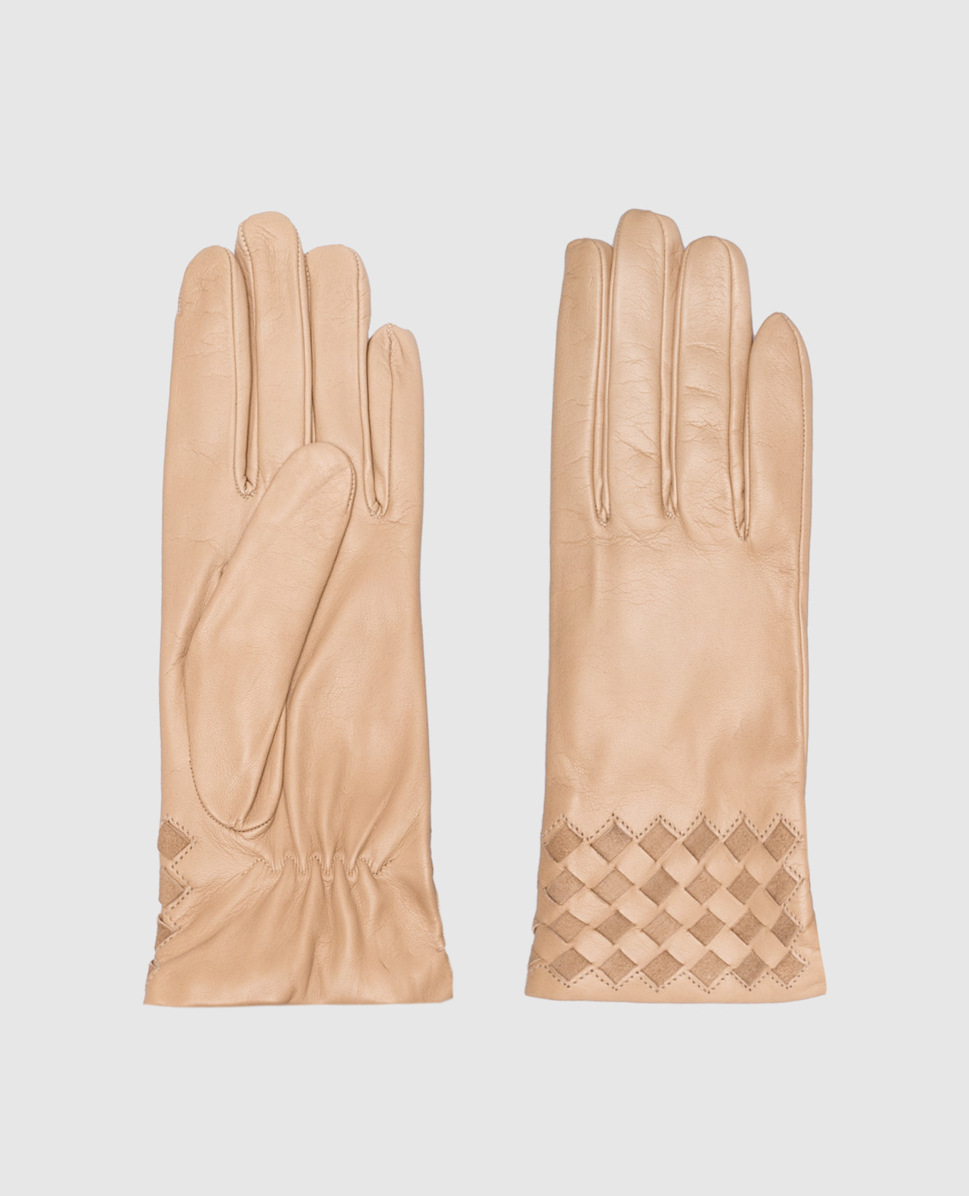 Бежевые кожаные перчатки с плетением