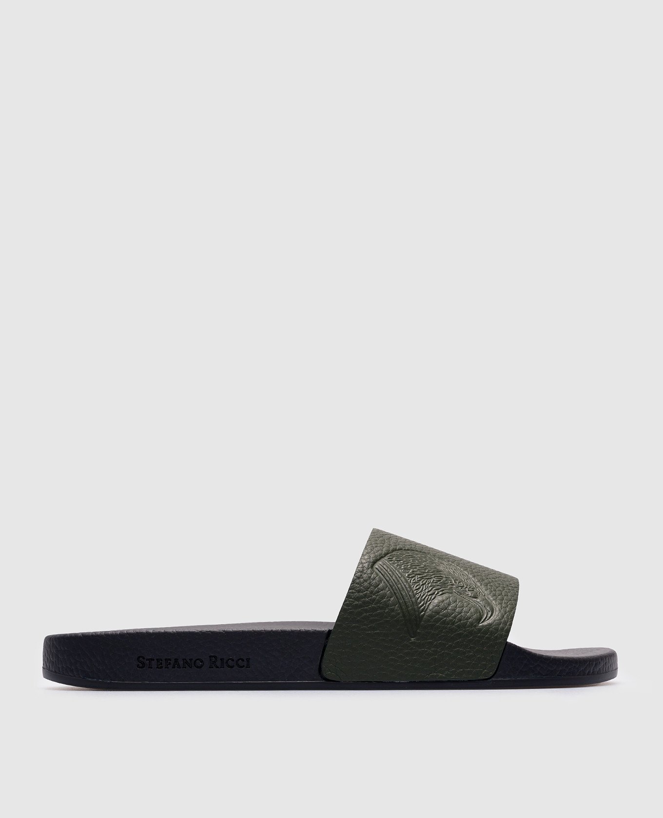 Green leather flip flops with logo