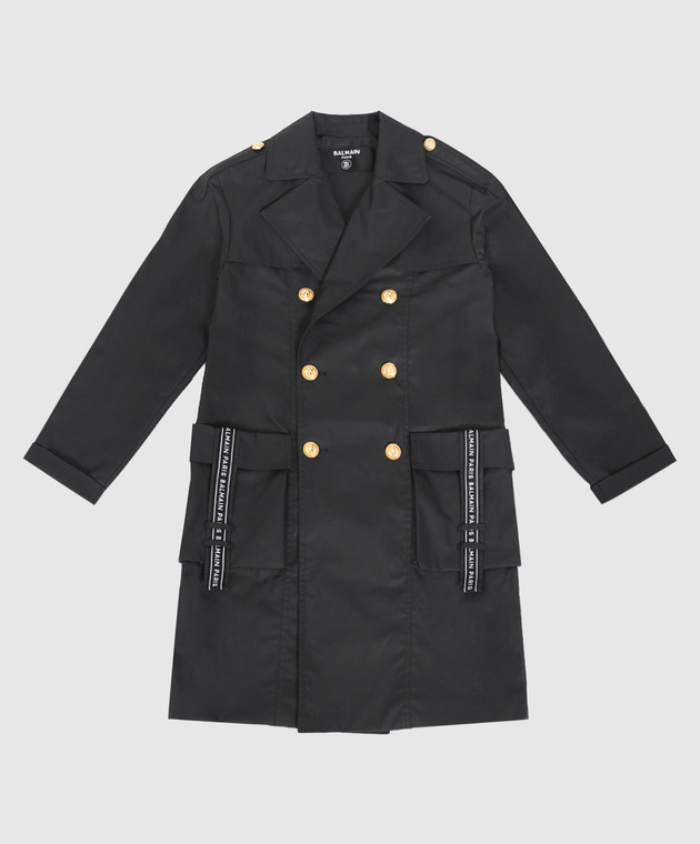 Balmain Children's double-breasted black trench coat with logo BT2P77A0105