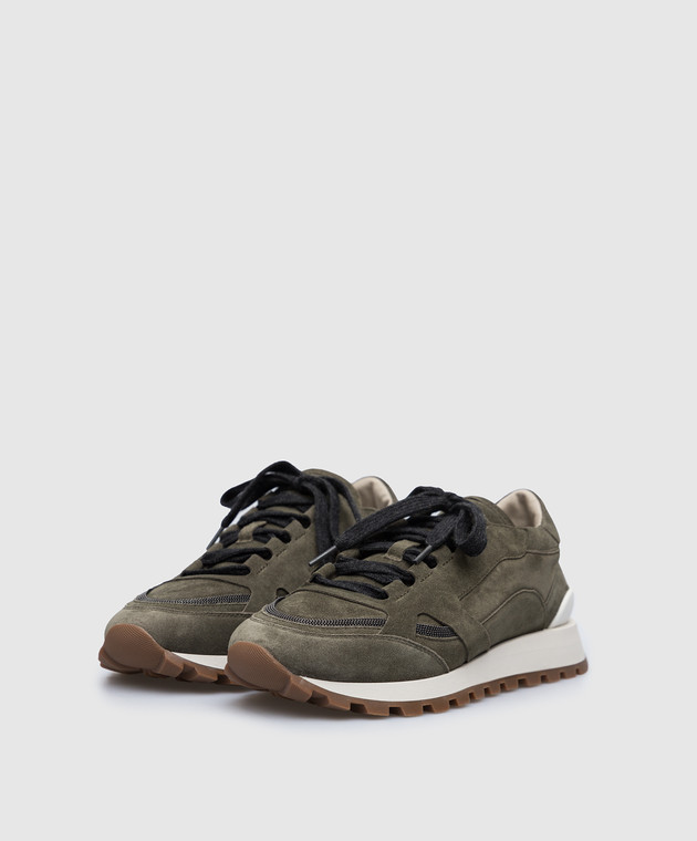 Brunello Cucinelli Темно-зелені замшеві кросівки з ланцюжком моніль MZSFG2290P зображення 2