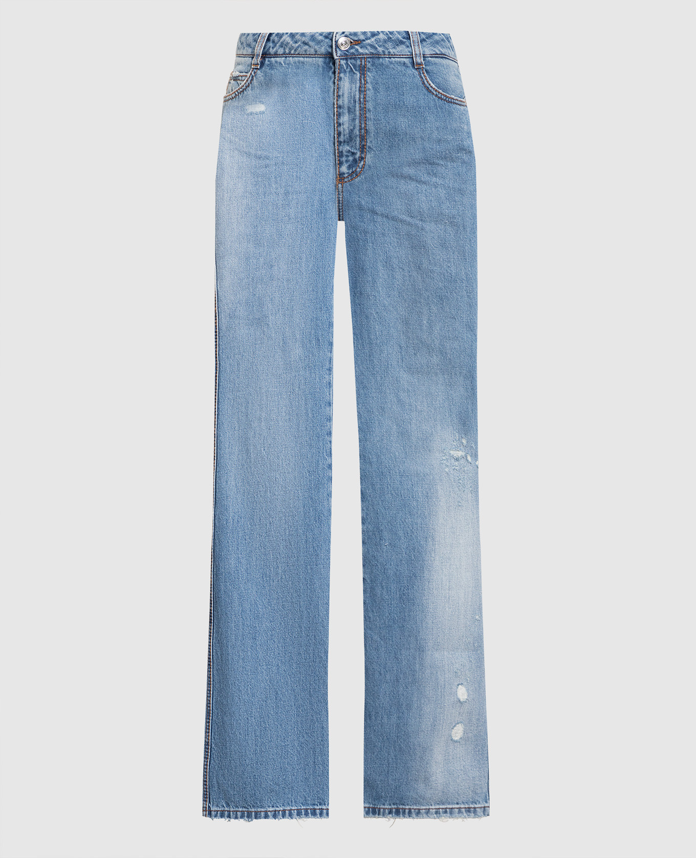 Синие джинсы клеш с эффектом потертости