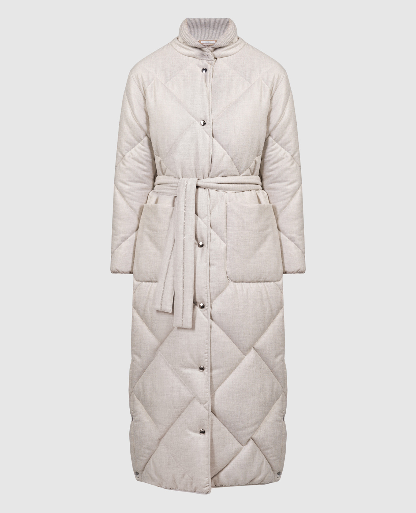 Beige quilted coat with monil chain