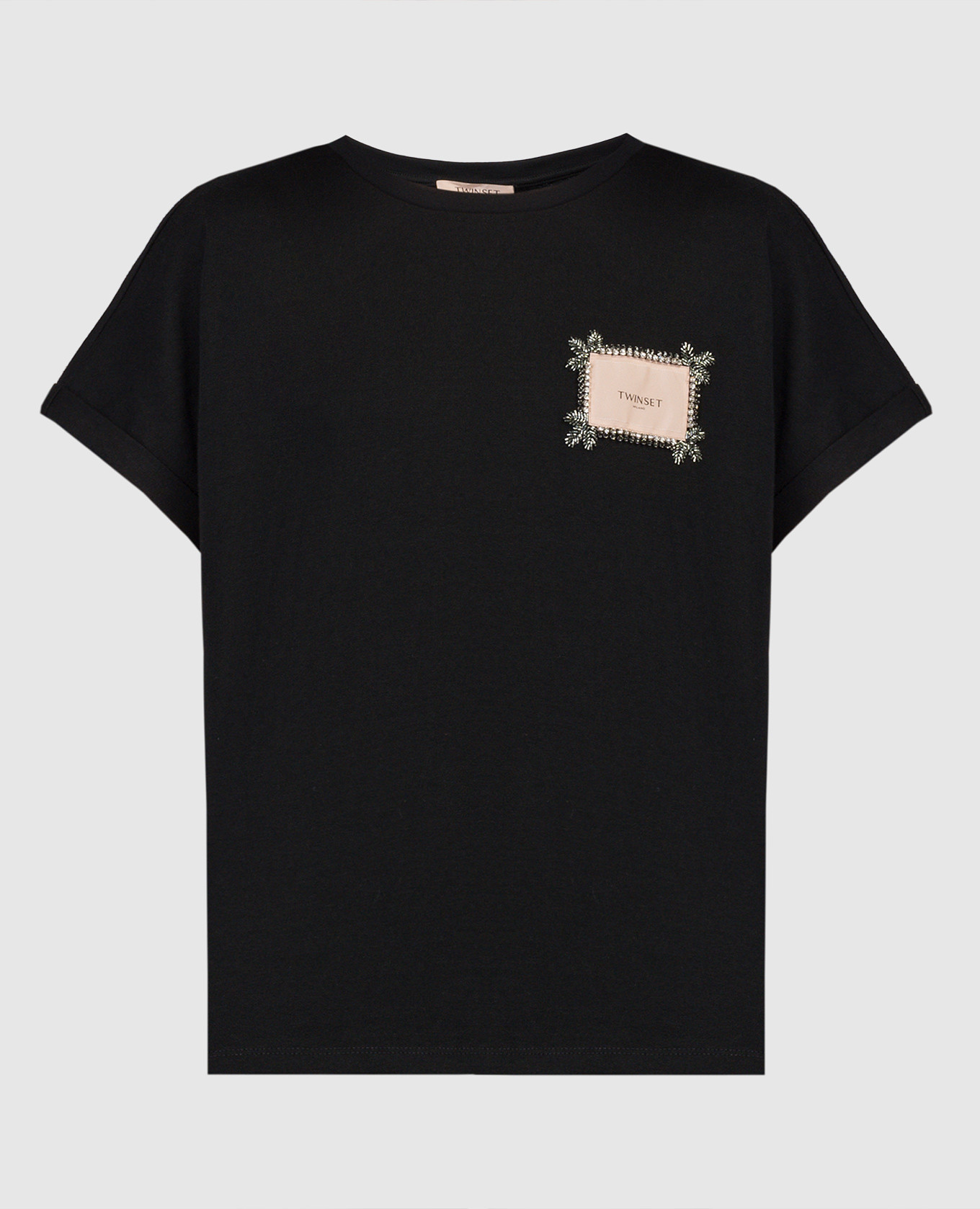 Black t-shirt with logo patch and crystals