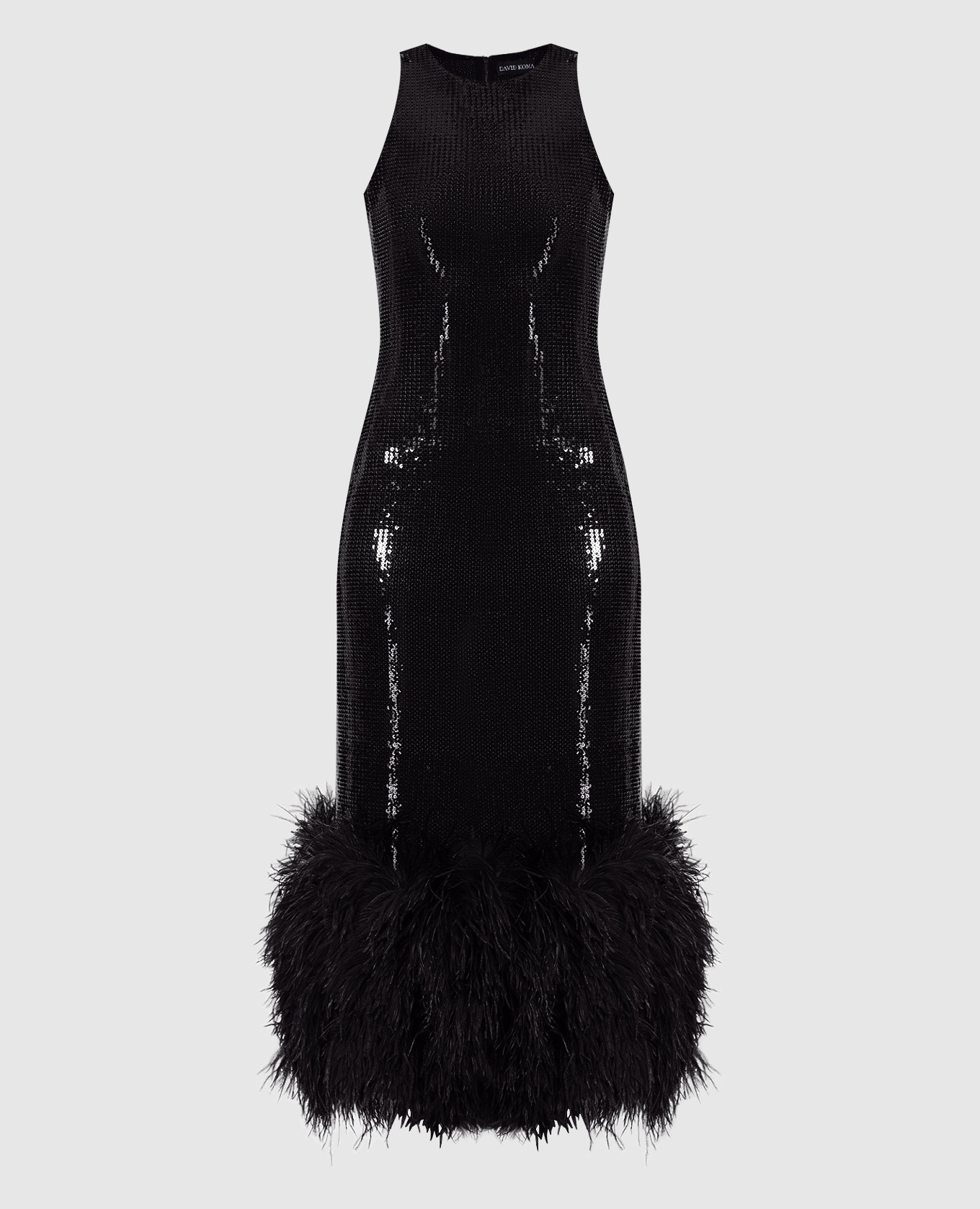 Black dress with sequins and ostrich feathers