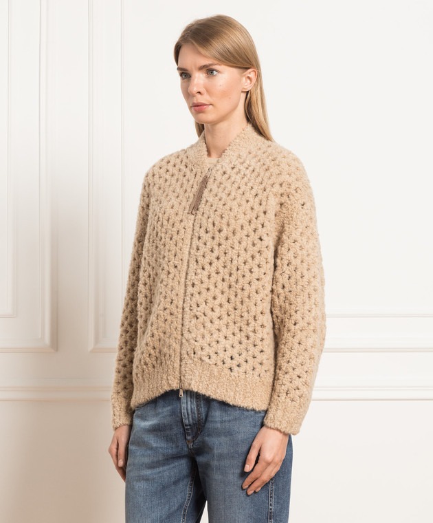 Brunello Cucinelli Бежевый кардиган из верблюжьей шерсти и шелка с цепочкой мониль M3H380806P изображение 3