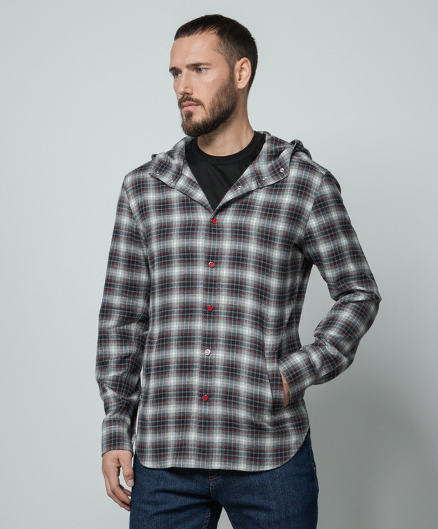 Kiton Серая рубашка Mariano в клетку с капюшоном UMCMARH0864 изображение 3