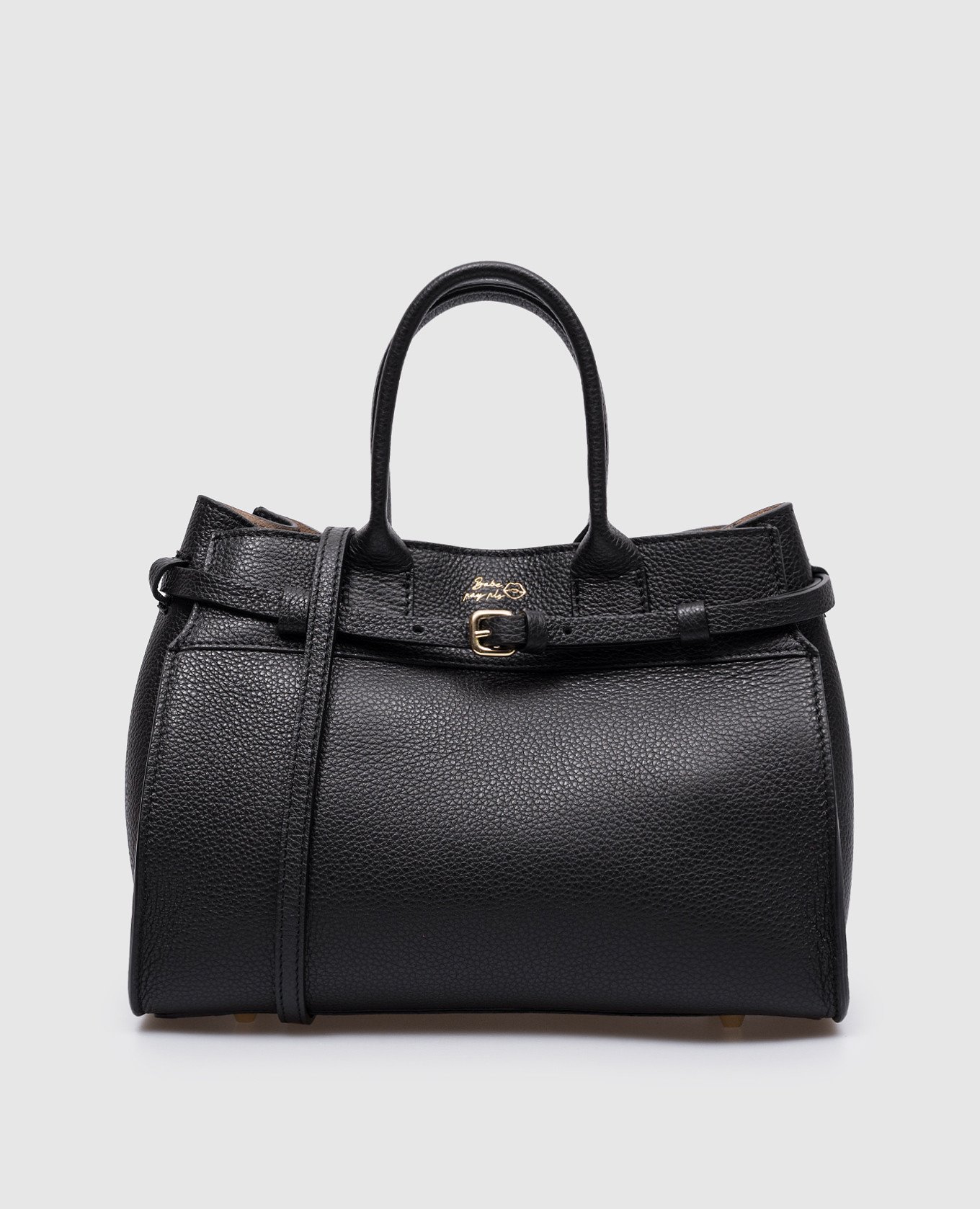 Black leather tote bag with logo