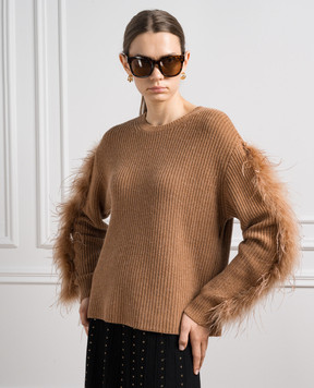 Twinset Коричневый свитер с перьями страуса 232TT3330