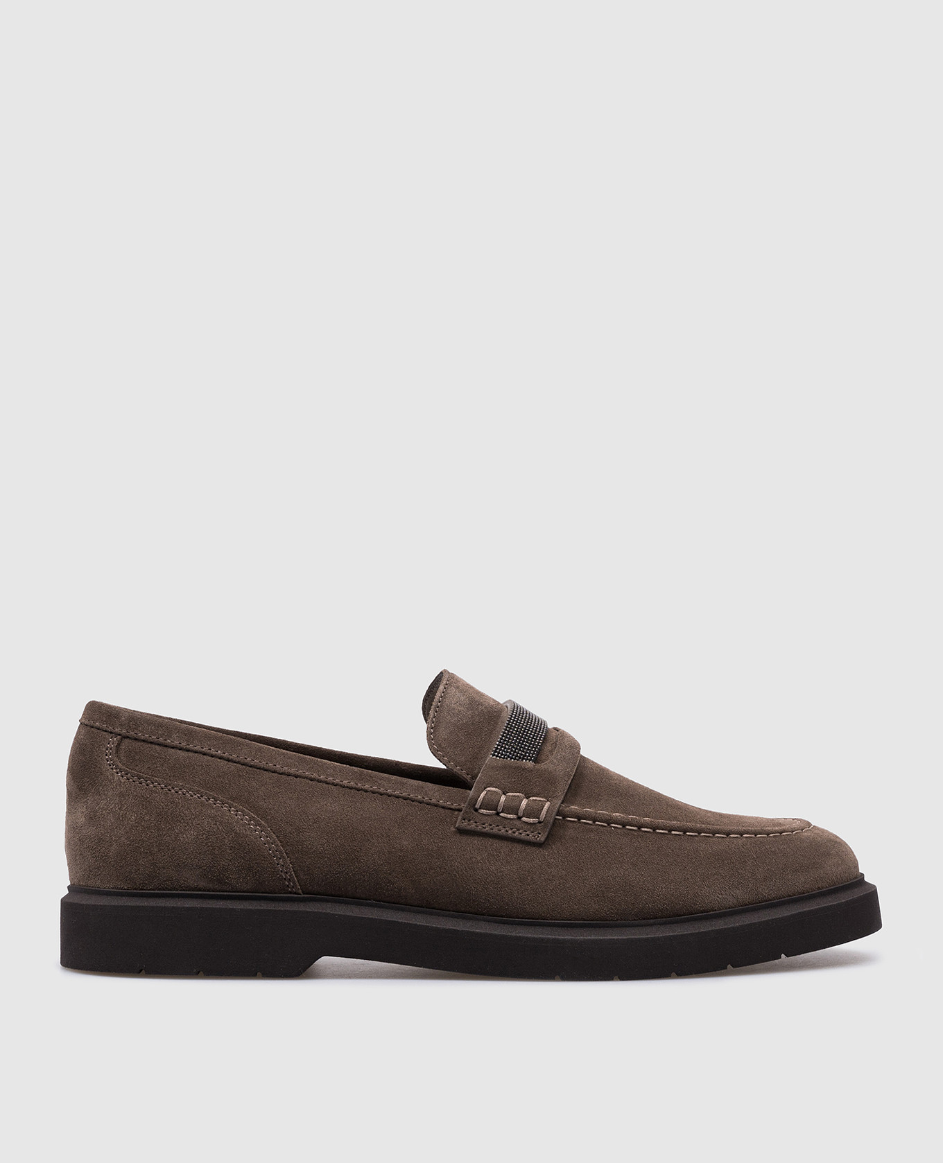 Brown suede loafers with monil chain