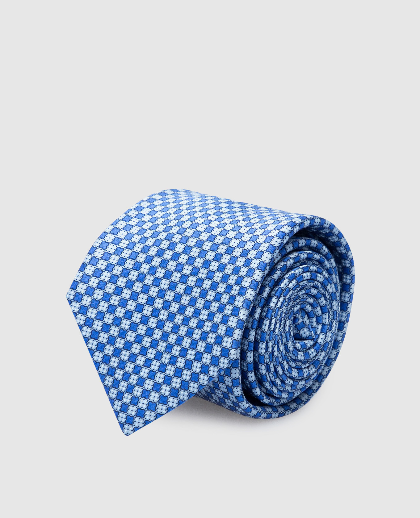 Children's blue silk set of tie and pache scarf in geometric pattern