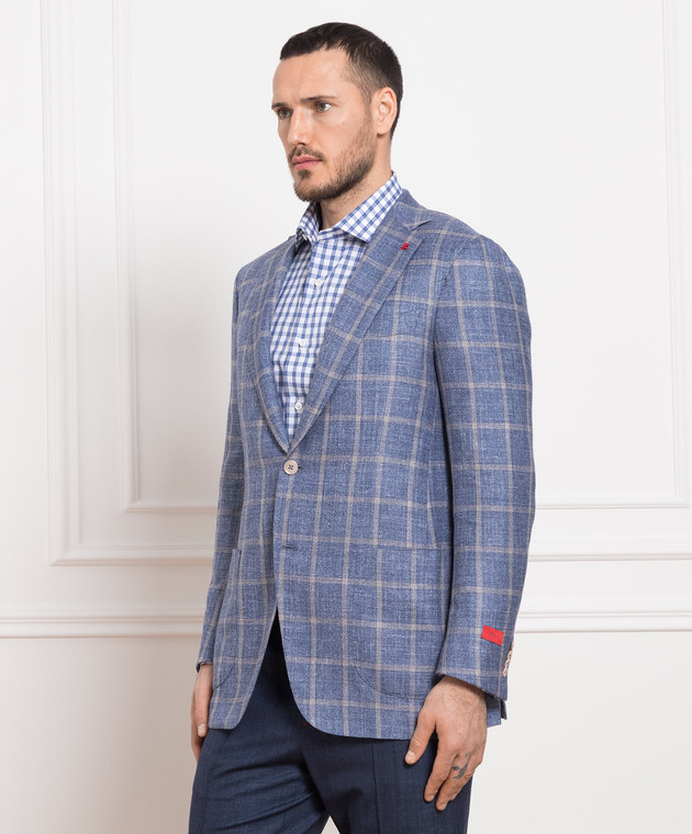 ISAIA - Синий блейзер из шерсти, шелка и льна в клетку 521GSI96405