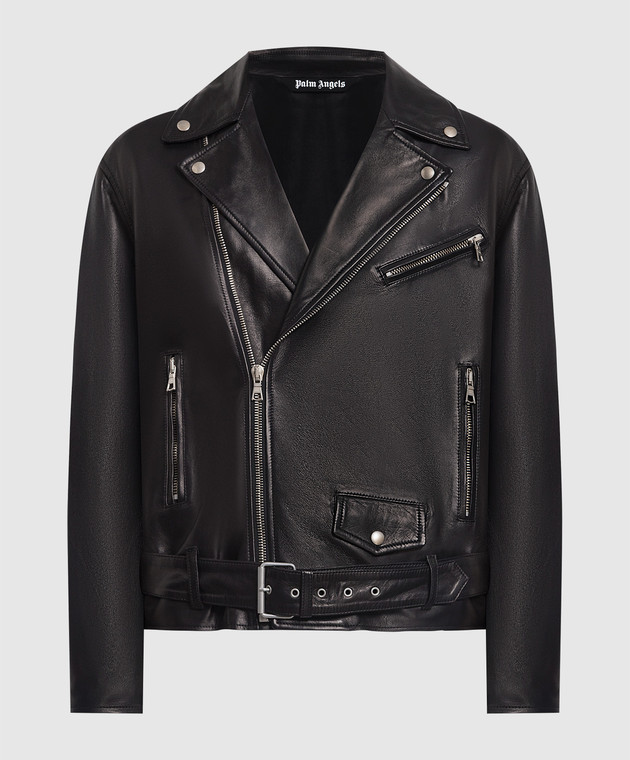 Palm Angels Black leather jacket with logo print PMJG011E23LEA001m