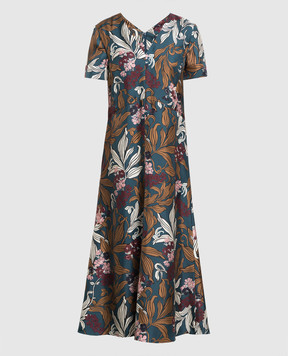 Max Mara Синее платье миди Paola из шелка в цветочный принт. PAOLA