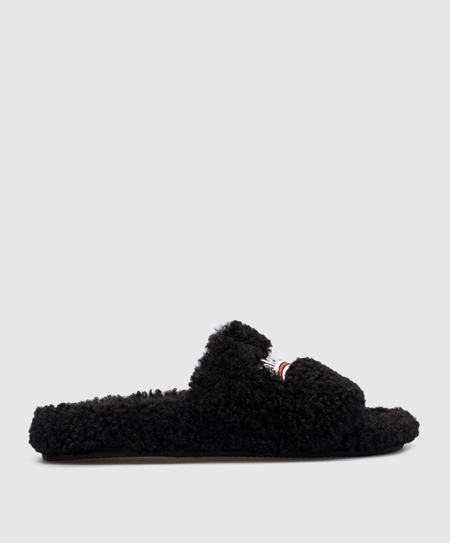 Balenciaga - Черные шлепанцы Furry Slide с вышивкой логотипа Balenciaga - Черные шлепанцы Furry Slide с вышивкой логотипа