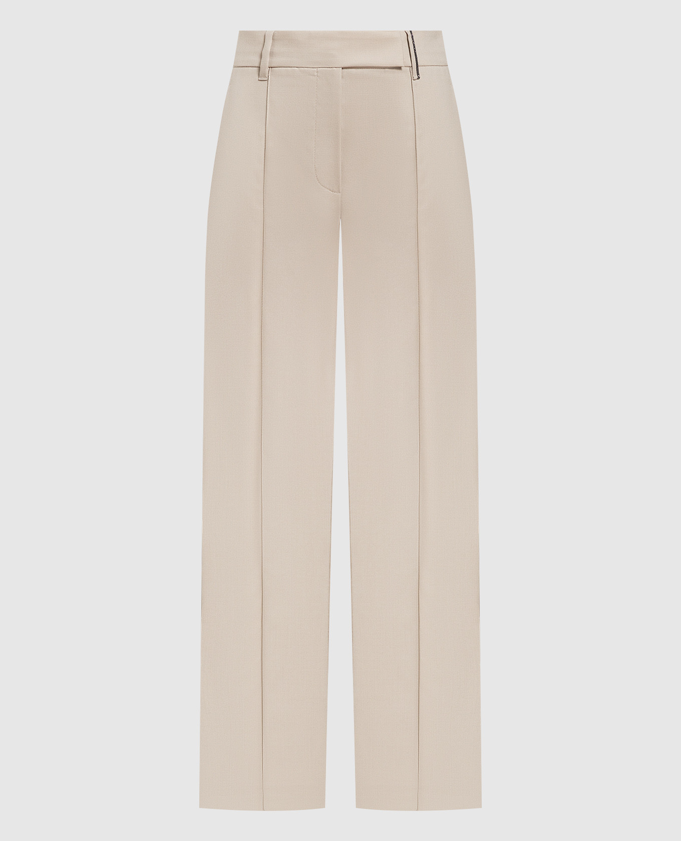 Beige wool trousers with a monil chain