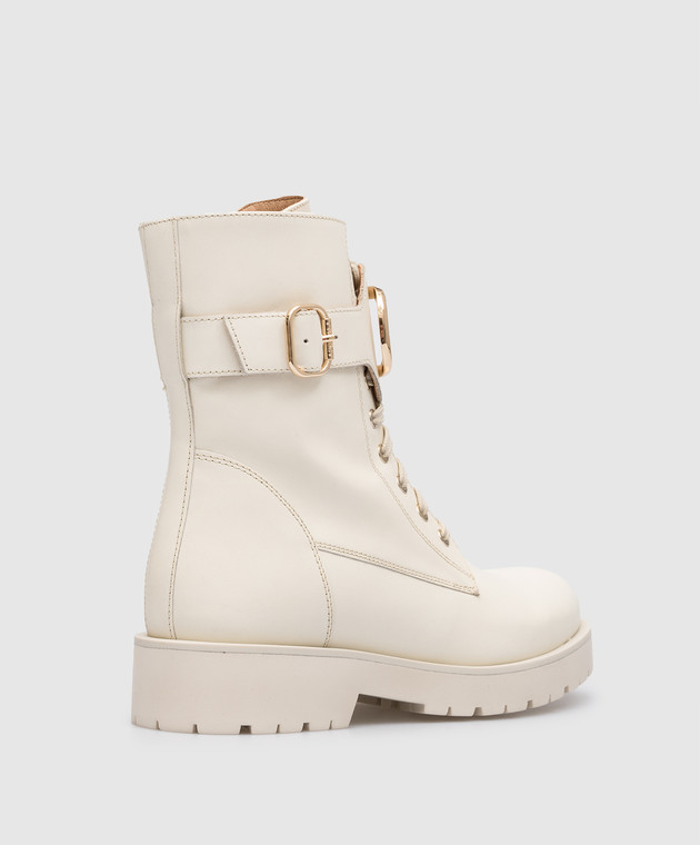 Twinset Beige leather boots with metallic Oval T logo 231TCP12C изображение 3