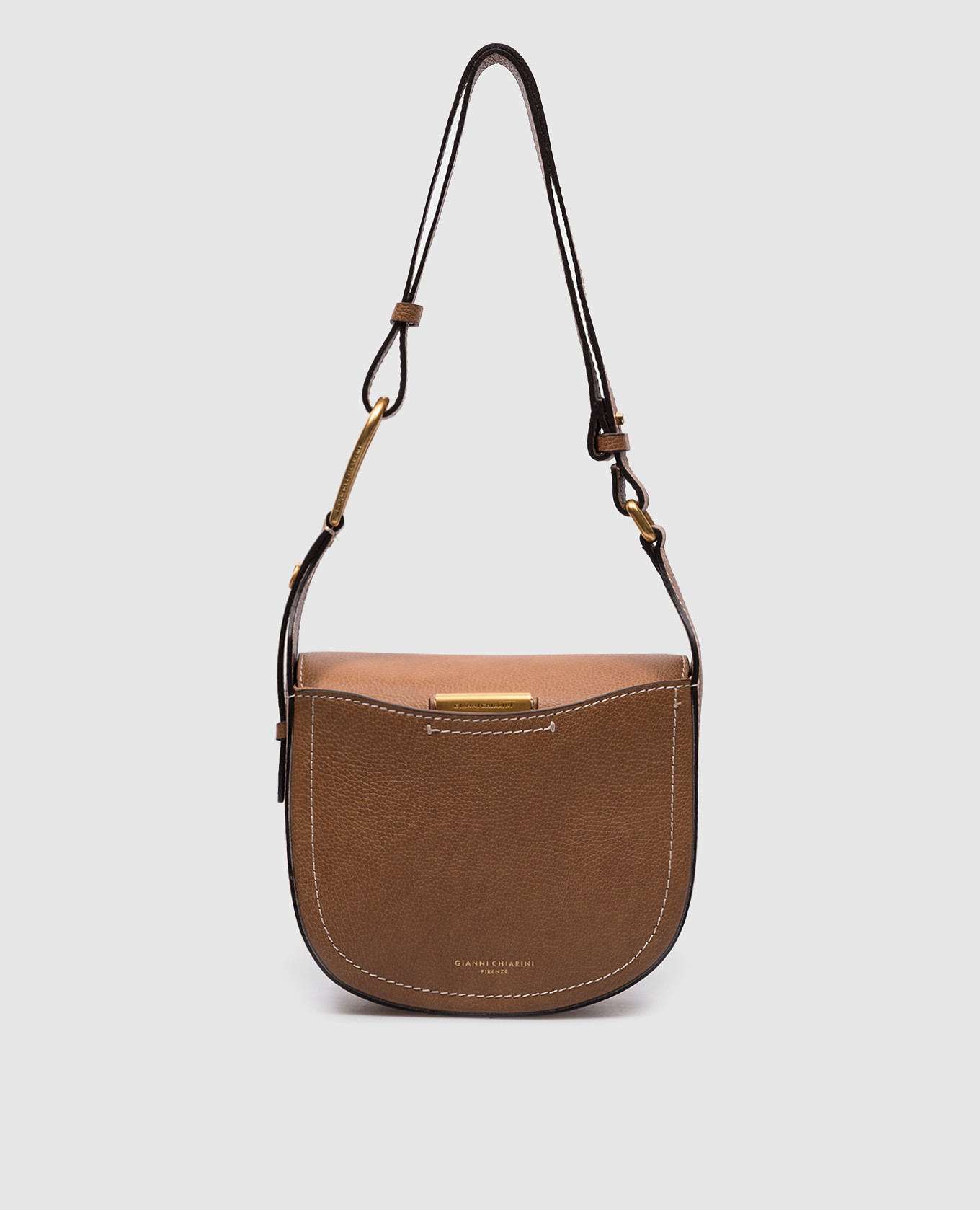 Sandy brown leather saddle bag with logo print