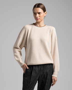 Brunello Cucinelli Бежевый свитер в рубчик из кашемира с цепочкой мониль M12189710