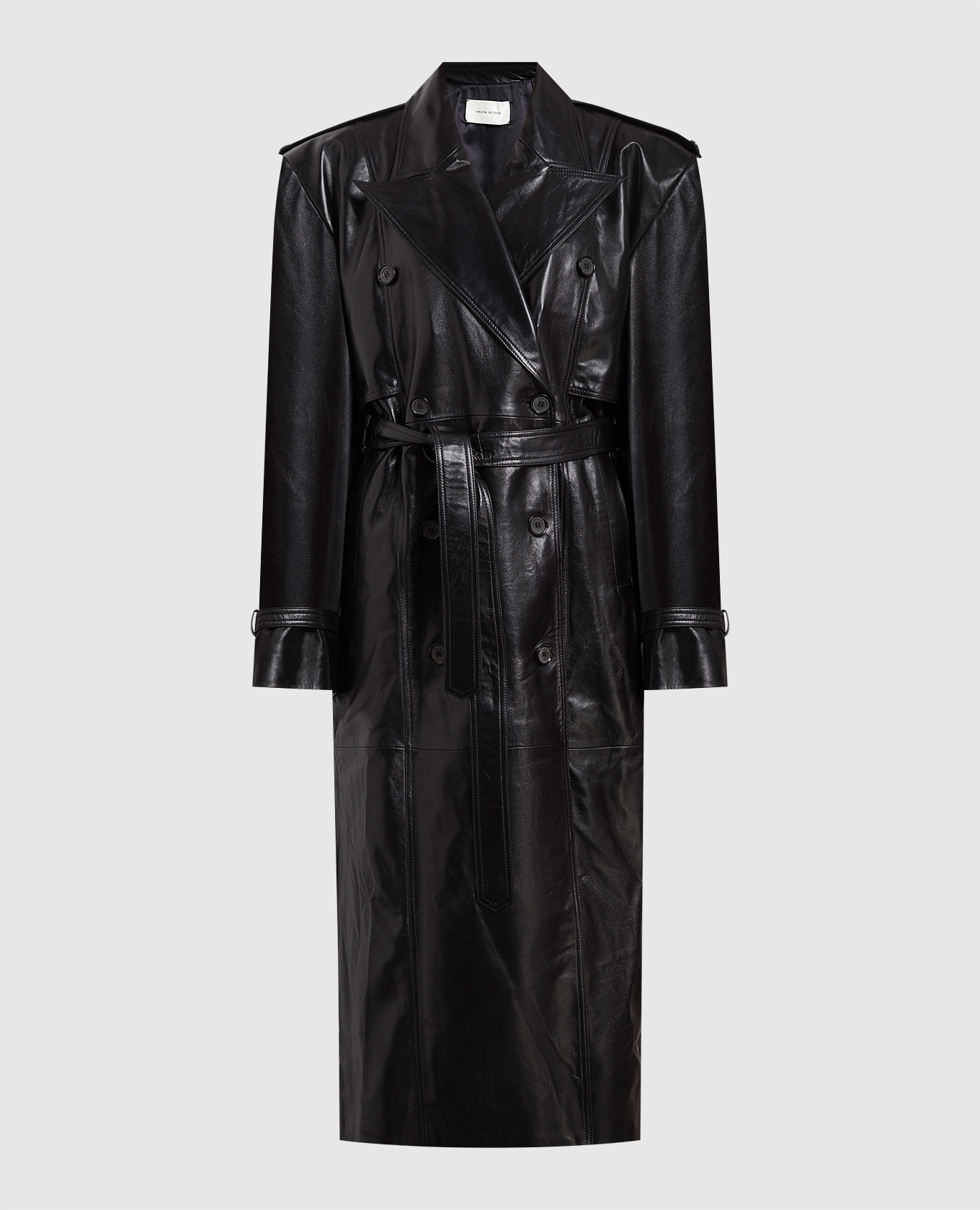 

Черный двубортный кожаный тренч, Тренчи