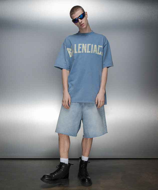 Balenciaga Голубая футболка с винтажным эффектом с логотипом Tape Type 739784TOVA9 изображение 2