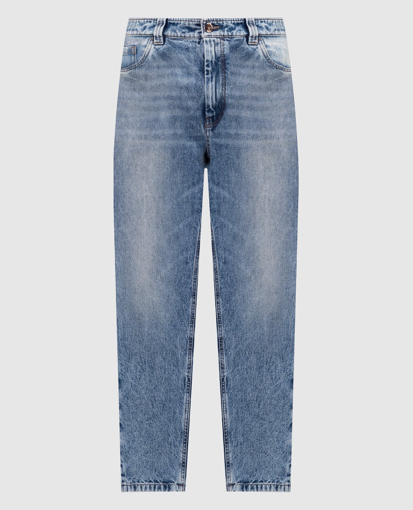 Голубые джинсы Мом с эффектом потертости с патчем логотипа