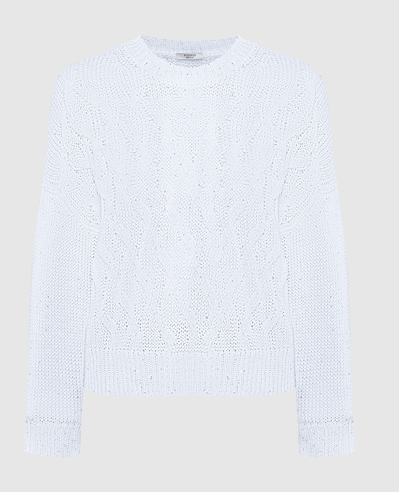 White sweater with a textured pattern with sequins